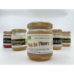 Miel de fleurs BIO, ici en photo en formats 125g, 250g & 500g